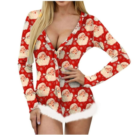 

Kakina CMSX Womens Pajamas Sets Clearance Women’s Christmas Not Positioned Print V-neck Feather Detail Long Sleeve Sexy Bodysuit Sexy Lingerie Pajamas