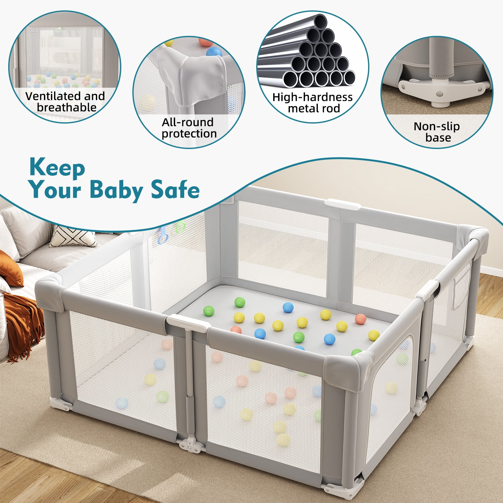 Baby Playpen 51" x 51", Play Pens for Babies and Toddlers Baby Fence Play Yards for Indoor & Outdoor with Breathable Mesh Anti-Fall Playpen, Gray