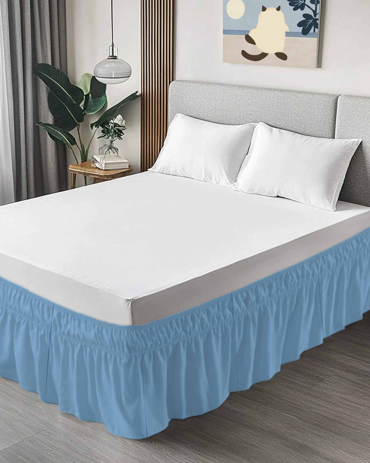 Dusty Blue Bed Skirt Queen Size 18" Drop Solid Color Ruffled Wrap Around Bed Skirts Adjustable Elastic Bedskirt Dust Ruffle for Queen Size Bed