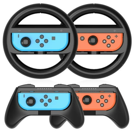 HEYSTOP Wheel Controller for Nintendo Switch & Switch OLED Model 2021 (4 Pack) Joy Con Controller Grip and Switch Steering Wheel for Mario Kart (Black)