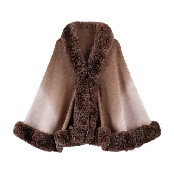 DAFPZW Luxury Faux Fur Trim Cape Coat for Women Winter Gradient Elegant Batwing Poncho Fuzzy Cloak Warm Oversized Shawl