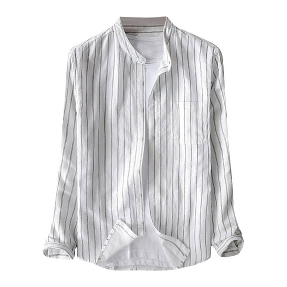 HAiming Men's Button down Striped Shirts Fashion Long Sleeve Cotton Linen Tops Plus Size Loose Casual Business Blouse