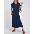 thumbnail image 3 of Women Summer Casual Midi Dresses Short Sleeve V Neck Loose Split Beach Vacation Tshirt Maxi Dress Dark Blue L, 3 of 5