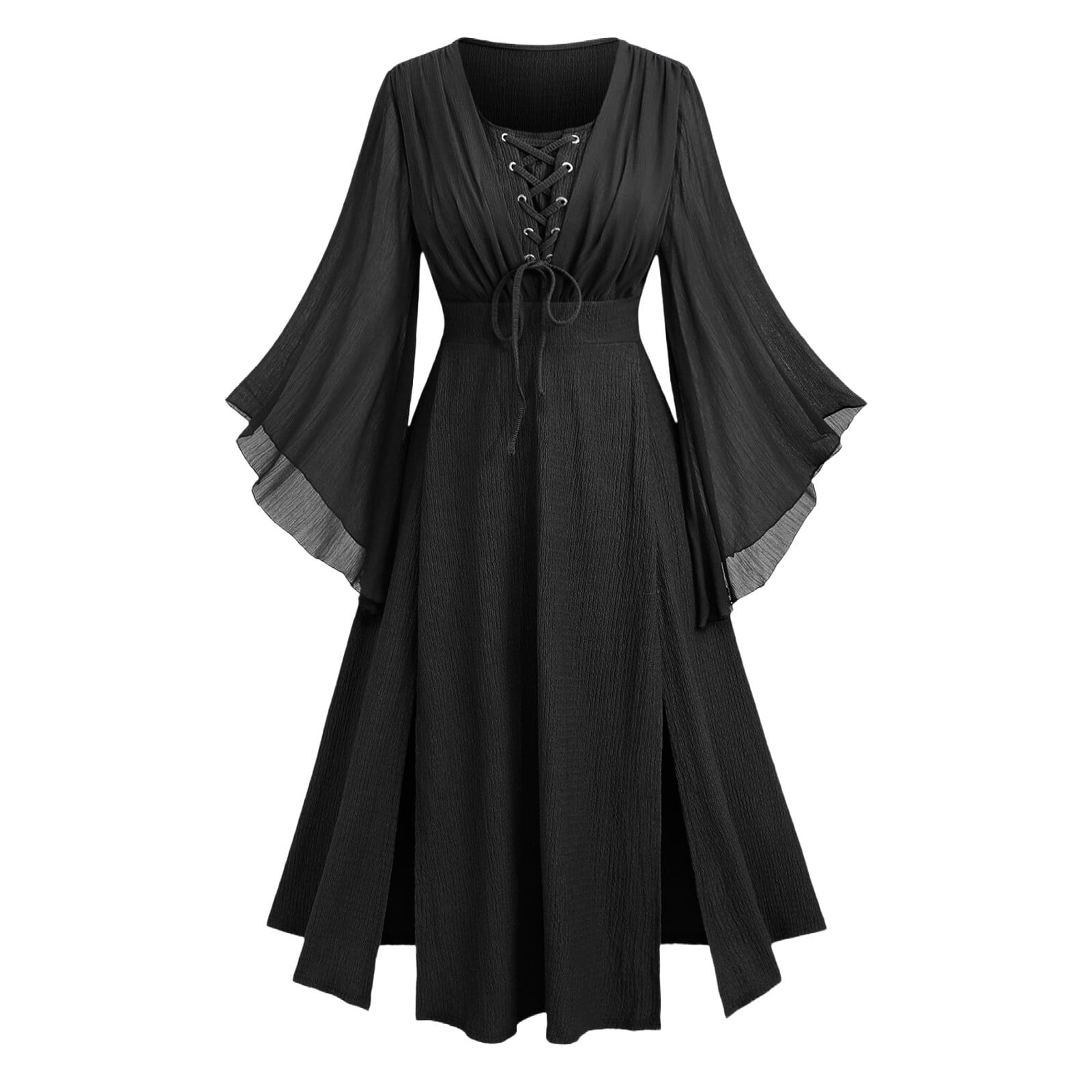 Wiyuqeen Gothic Mesh Lace Up Dress for Women Bell Sleeve Slit Hem