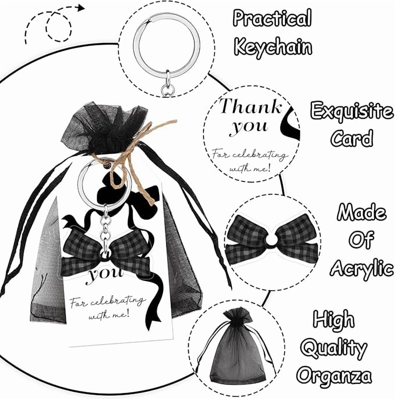 72Pcs Black Bow Party Favors Black Bow Key Chains Thank You Tags Bow Theme Keychains Gift Organza Bags for Girl Birthday Bachelorette Baby Shower Bridal Shower Party Supplies