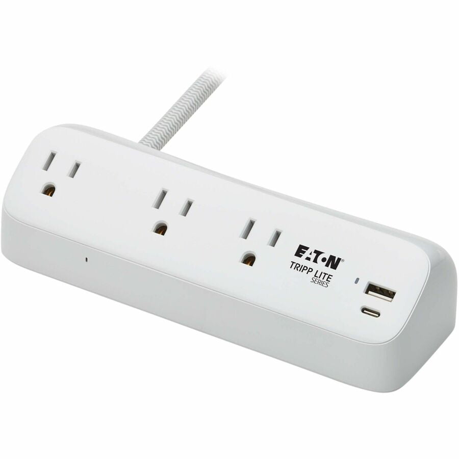 Eaton Tripp Lite Series Protect It! 3-Outlet Surge Protector with USB-A and USB-C Ports, 5-15R Outlets, 900 Joules, 20W PD Charging, Desk Clamp, 8 ft. (2.4 m) Braided Cord, White