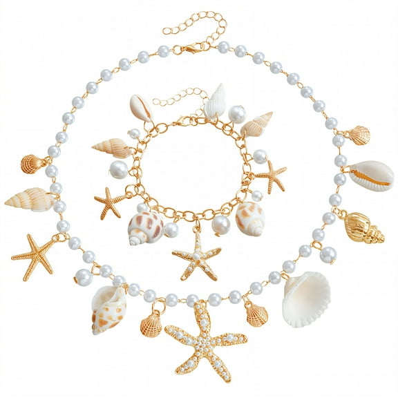 DESIGNICE 2Pcs Boho Bracelets and Necklaces Simulated Pearl Seashell Necklace Summer Beach Starfish Bracelets for Women Style1