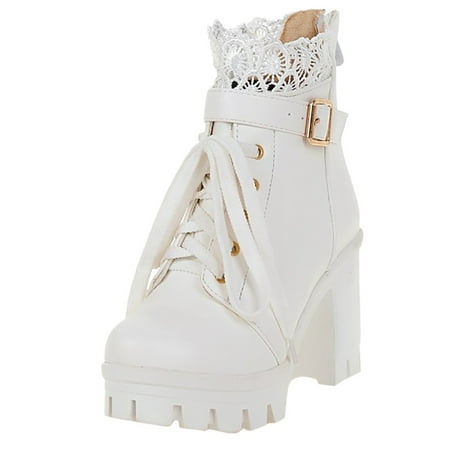 

Quealent Single Lug Sole Heel Combat Ankle Boot Lace up/Side Zipper (White 7)