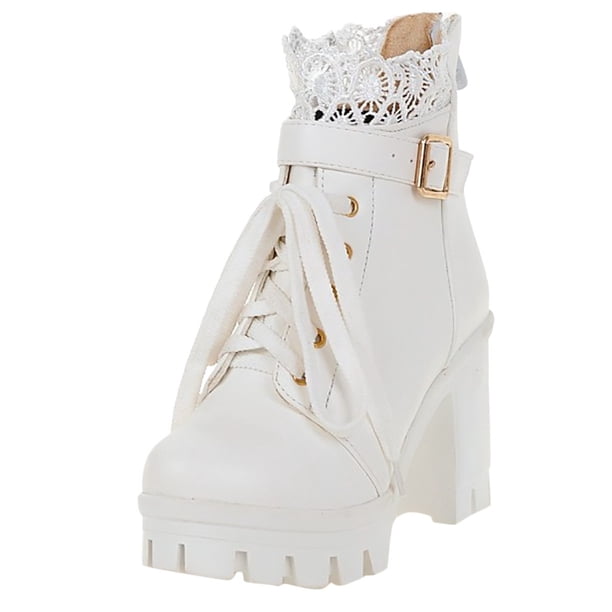 NECHOLOGY Botas Mujer Adulto Femenino Zapatos Botines de mujer Lace Women's Up Student Heel Fashion Boots espesa plataforma de tobillo zapatos de alta encaje botas de mujeres (White, 5)