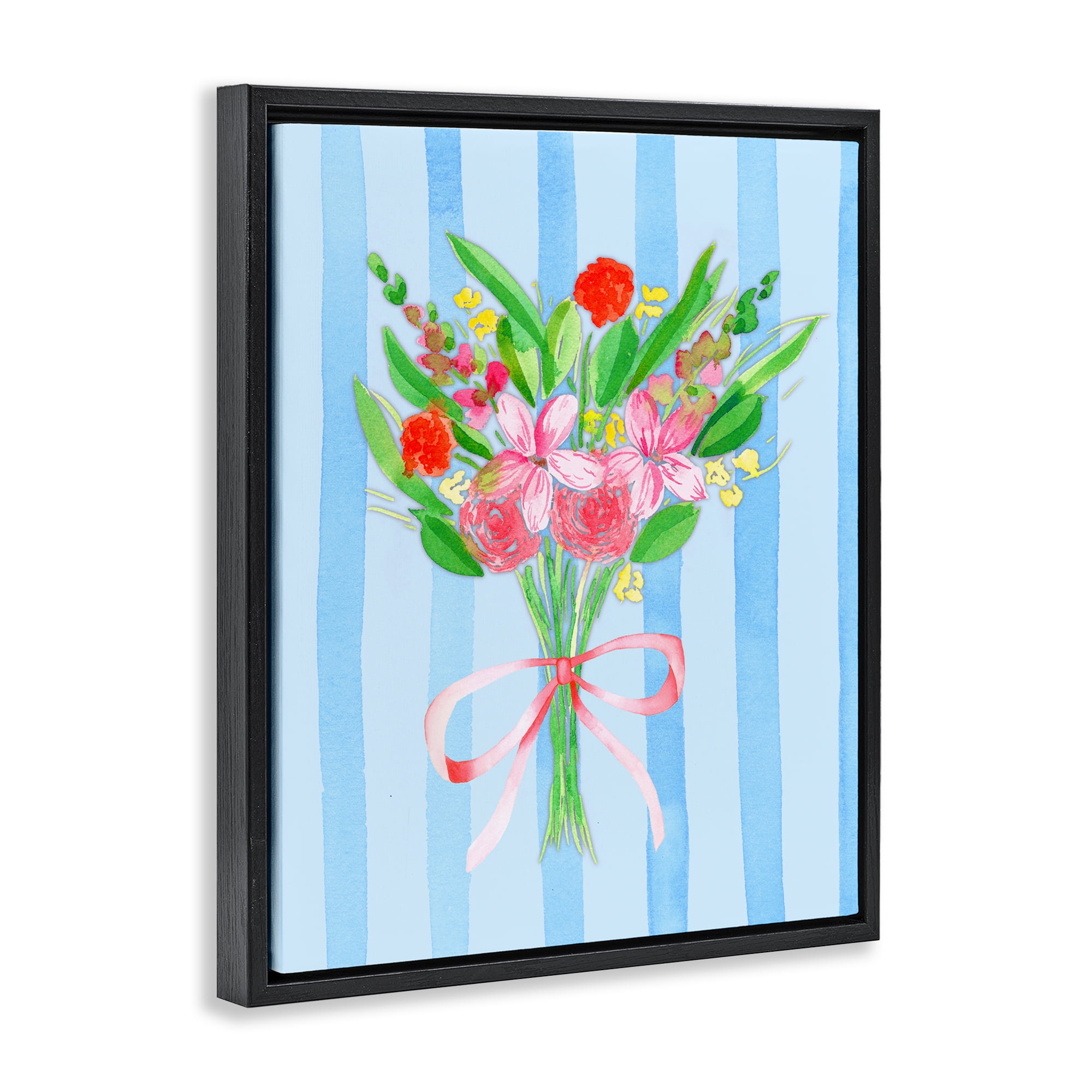 Bright Springy Bouquet Stripes Black Framed Floater Canvas Wall Art, design by Nina Jacobs