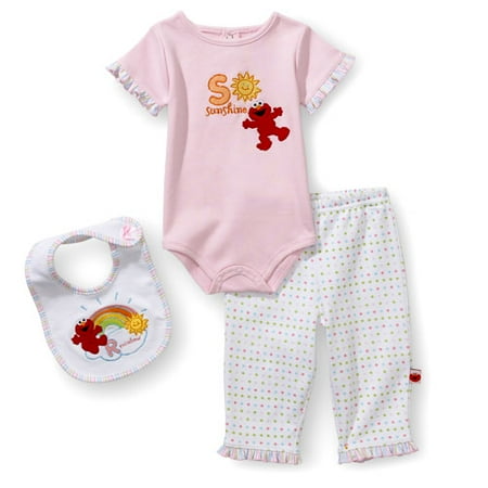 Sesame Street - Knit Bodysuit, Bib and Pant Set - Light Pink