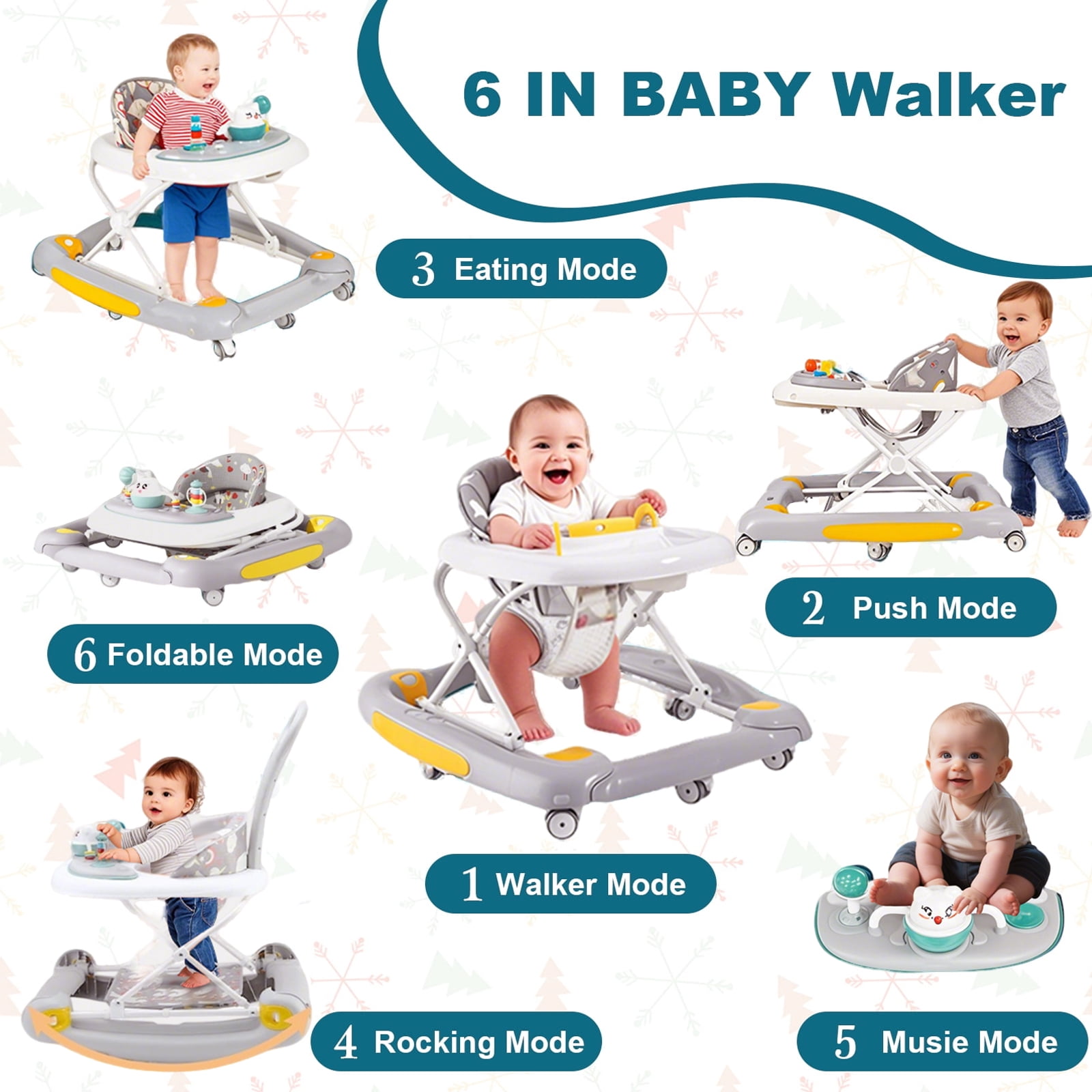 ManyFun 6-in-1 Height Adjustable Baby Walker with Wheels, Foldable Walker for Baby and Baby Activity Center with Music &Toys Tray, Infant Toddler Baby Walker for Boys and Girls 6-24 Months（grey）