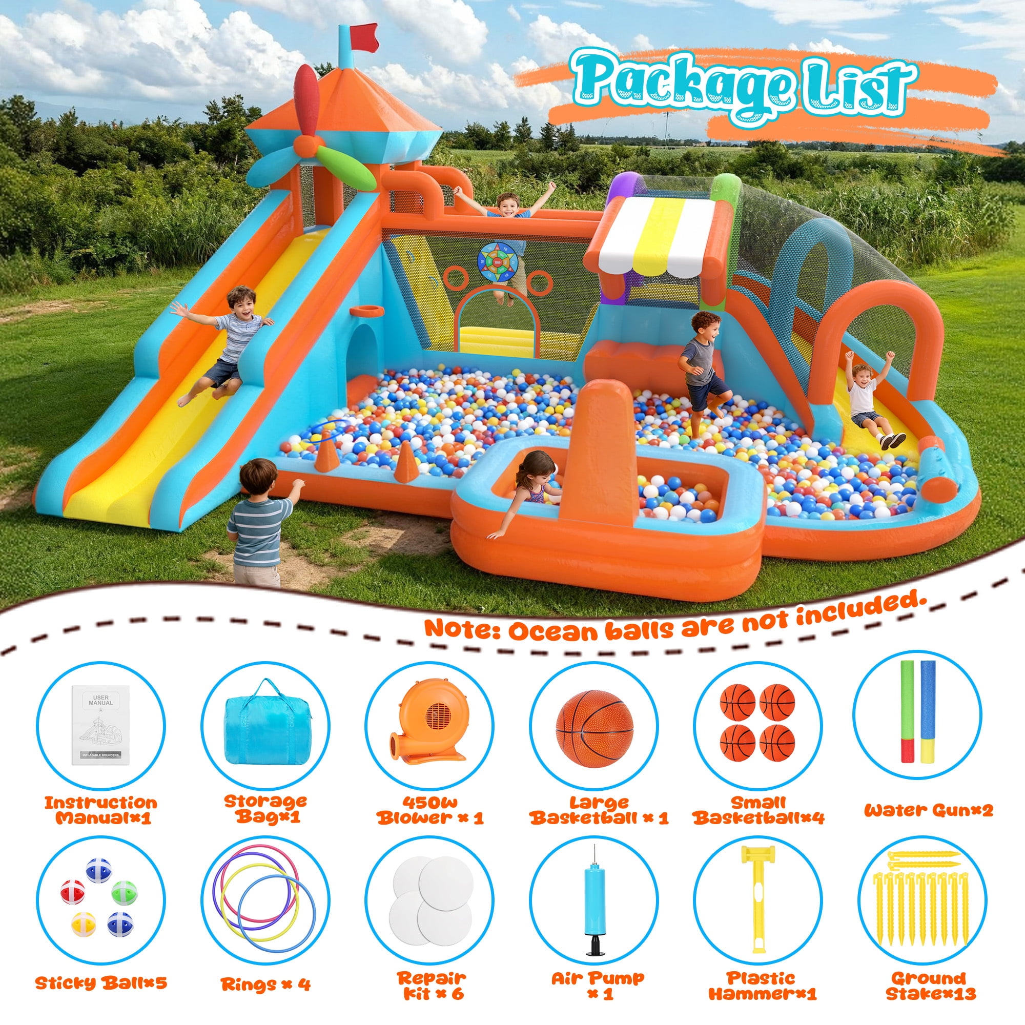 Letsgokid 17.5×13 FT 12 in 1 Water Bounce House for Kids with Double Slide, 750W Blower, Toy Stand, Jumping, Climbing Wall, Water Gun, Splash Pool, Tunnel, Basketball, Indoor, Outdoor, Orange