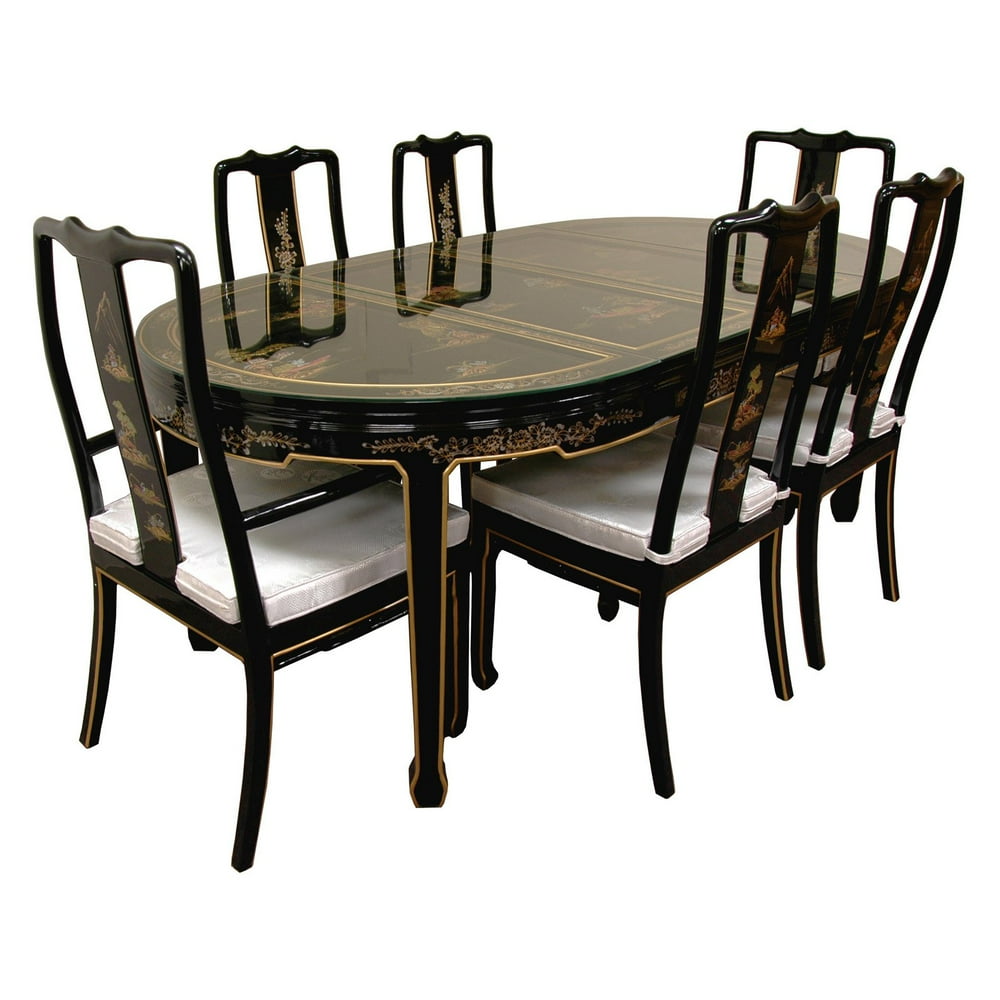 Oriental Furniture Hand Painted Black Lacquer Dining Set