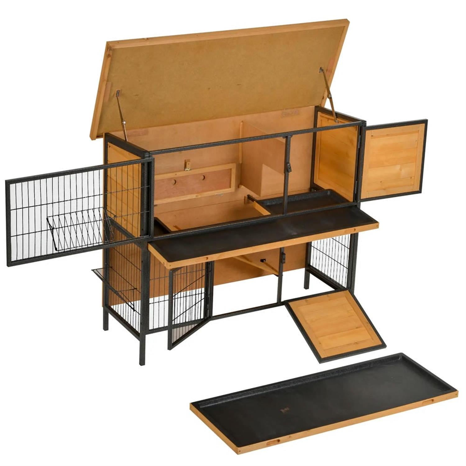 Kadyn 48" 2-Story Wooden Rabbit Hutch with Slide-out Tray, Outdoor Small Animal Habitat Enclosure Bunny Cage for Bunnies, Guinea Pigs, Beige
