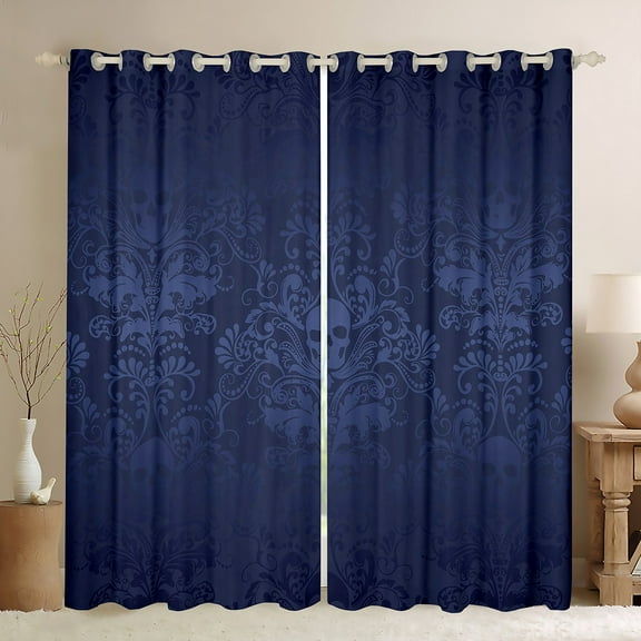 Adults Damask Curtains & Drapes Antique Victorian Baroque 30%-50% Blackout Curtains,Vintage Floral Window Curtains Exotic Sugar Skull Gothic Bone Skeleton Bohemian Decor,Dark Blue