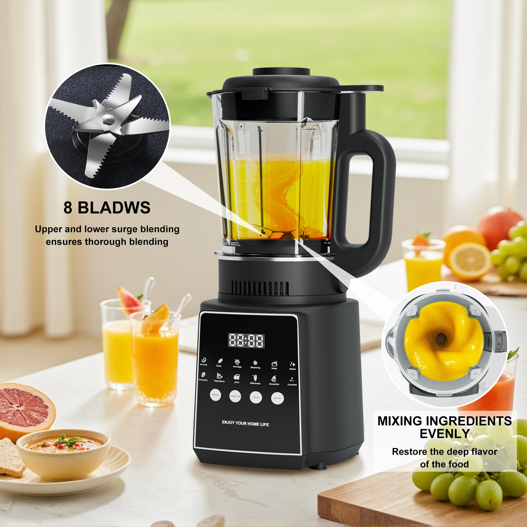 Blender for Kitchen, 55oz Countertop Blender 1200W Peak Power with Ice Crush & Smoothie Functions, Self-Cleaning Food Processor, Stainless Steel Blades, Black