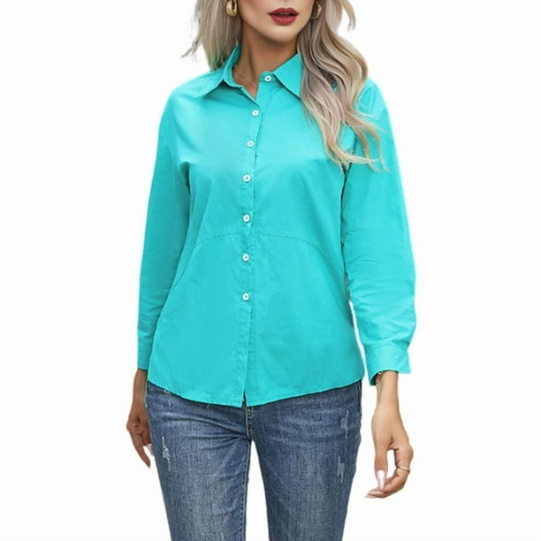 Camisas de Vestir de Larga con Botones para Mujer, Blusas de Oficina con Cuello Antiarrugas. Azul M