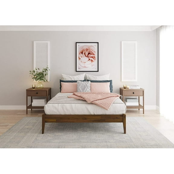 Bme Queen Size | Caden 61x87x15in Deluxe Bed Frame with Adjustable Headboard, Mid Century Style, Acacia Wood, Caramel