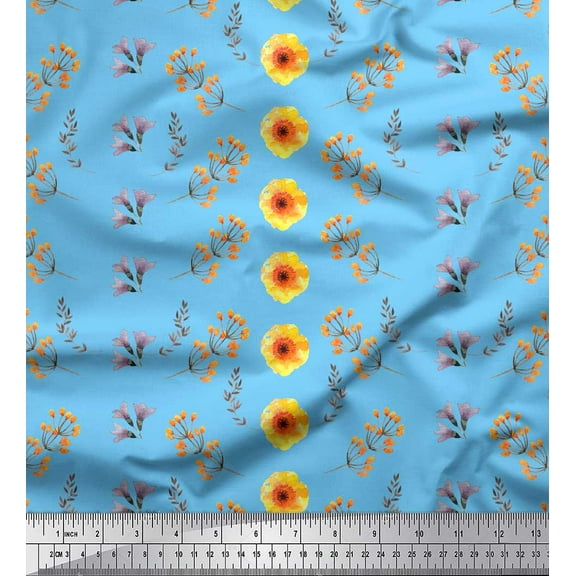 Soimoi Blue Cotton Duck Fabric laurel leaf & Floral Printed Craft Fabric by the Yard 42 Inch Wide