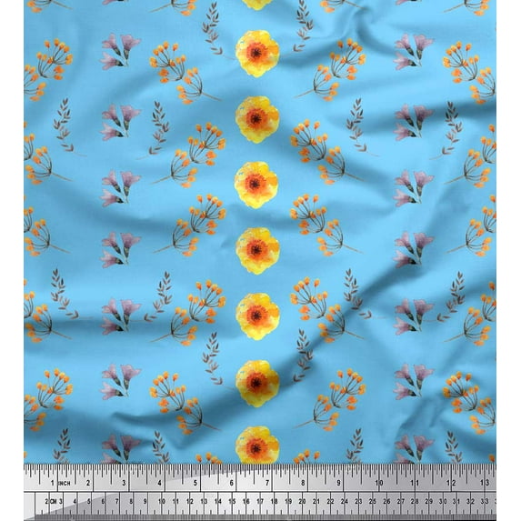Soimoi Blue Cotton Duck Fabric laurel leaf & Floral Printed Craft Fabric by the Yard 42 Inch Wide