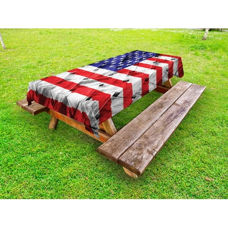 

USA Outdoor Tablecloth Fourth of July Independence Day Thatch Rattan Rippled Weave Bamboo Graphic Art Decorative Washable Fabric Picnic Tablecloth 58 X 120 Inches Navy Blue Red White by Ambesonne