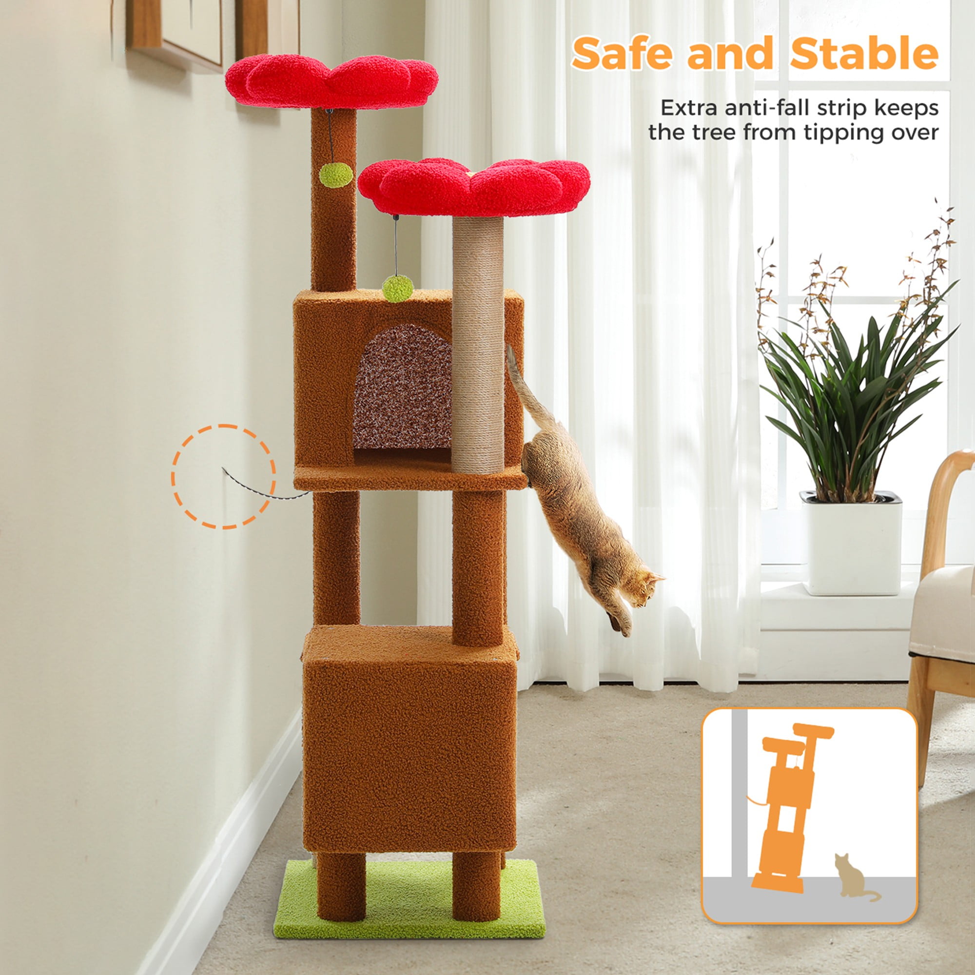 Kadyn 52" Cat Tree Tower with 2 Scratching Posts, 2 Perches, 2 Caves, Pompoms, Multi-Level Plush Cat Condo for Indoor Cats, Brown