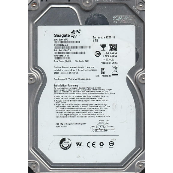 ST31000524AS, 5VP, WU, PN 9YP154-516, FW JC45, Seagate 1TB SATA 3.5 Hard Drive