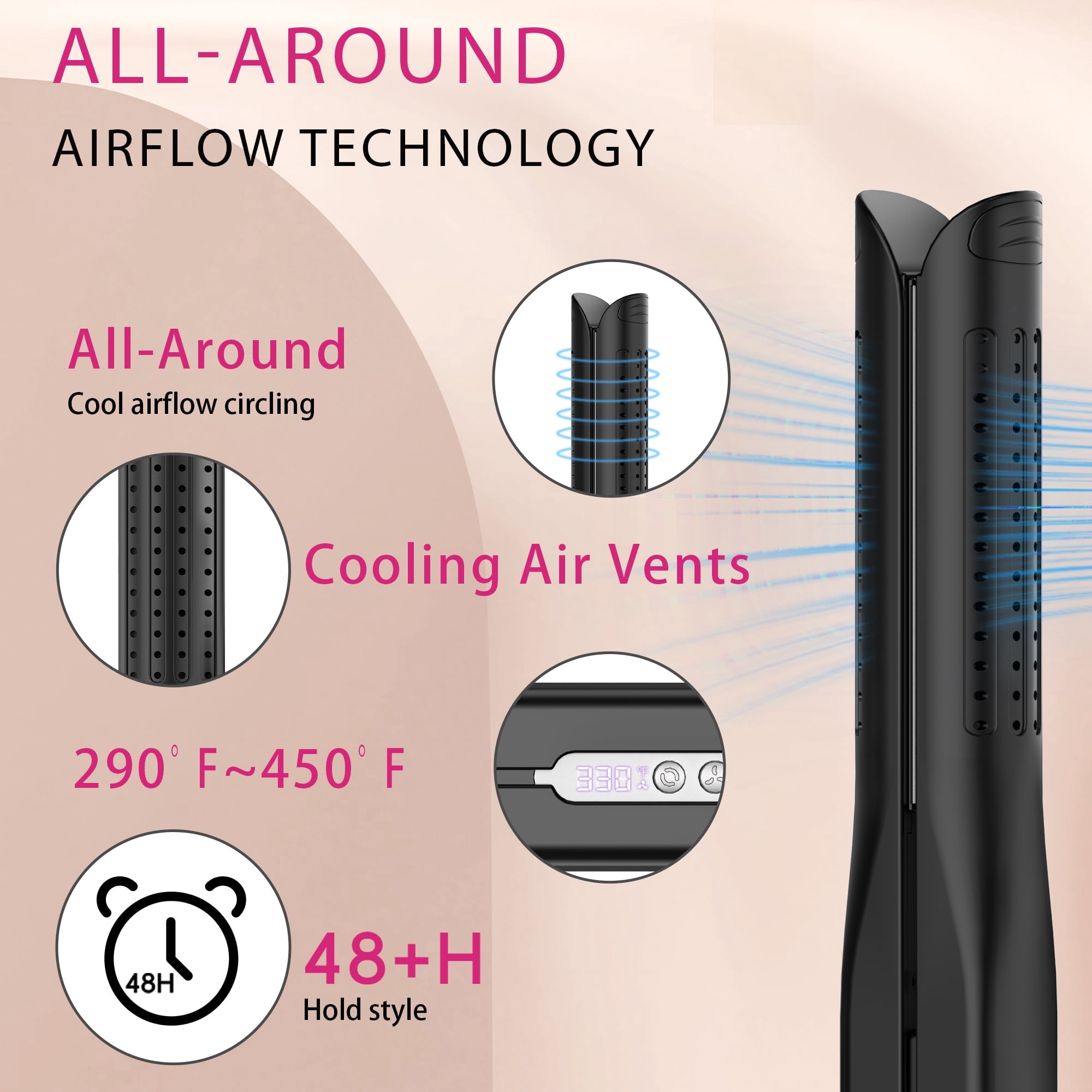 Nicebay Airflow Styling, Hair Straightener, 1 inch Curling Wand Cool Air Vent, 5 Temp, Universal Voltage