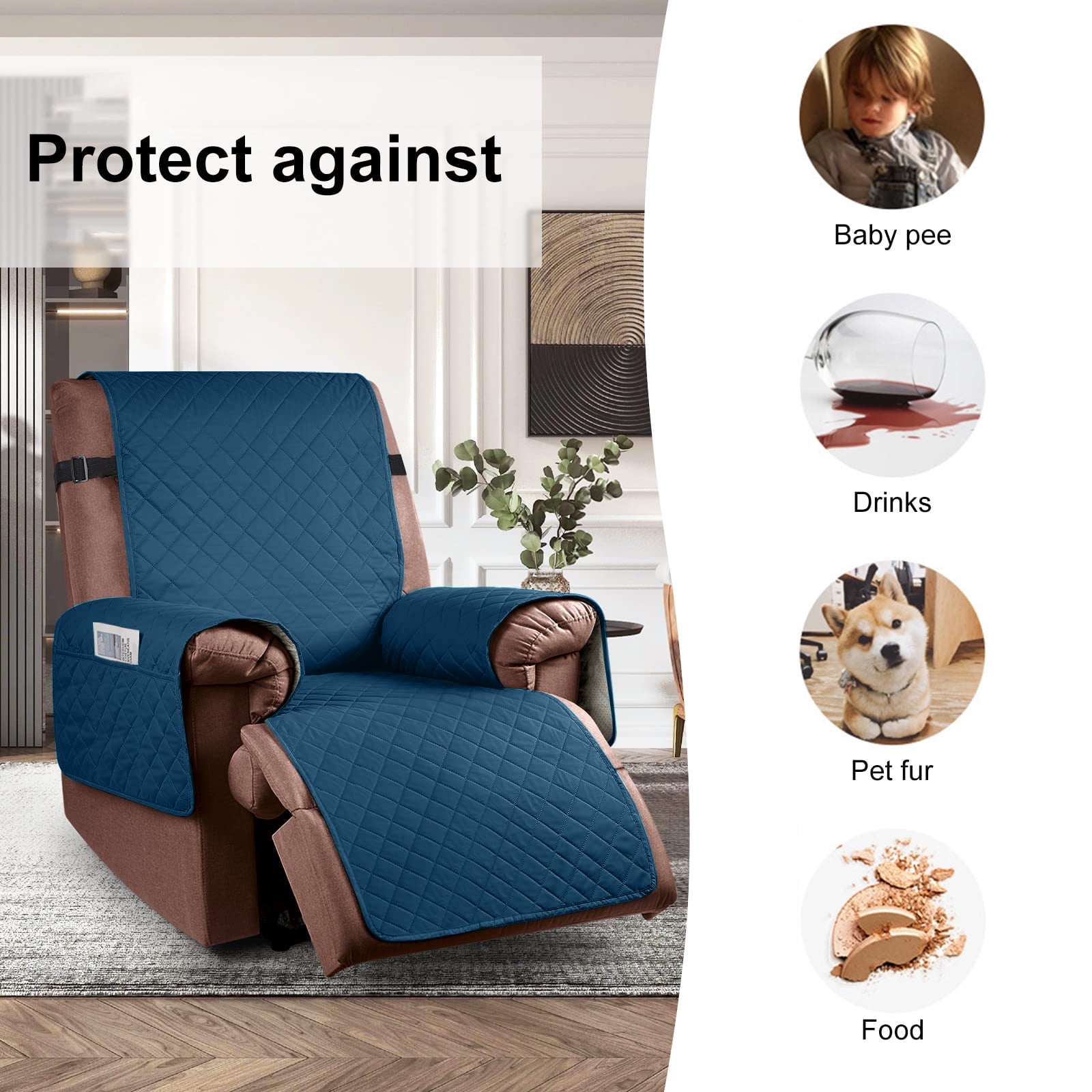 Sanmadrola Recliner Chair Cover Reversible Small Recliner Slipcover for Dogs Seat Width to 25 Inch Washable Couch Cover with Elastic Straps for Kids and Pets(Small Recliner, Blue Green)