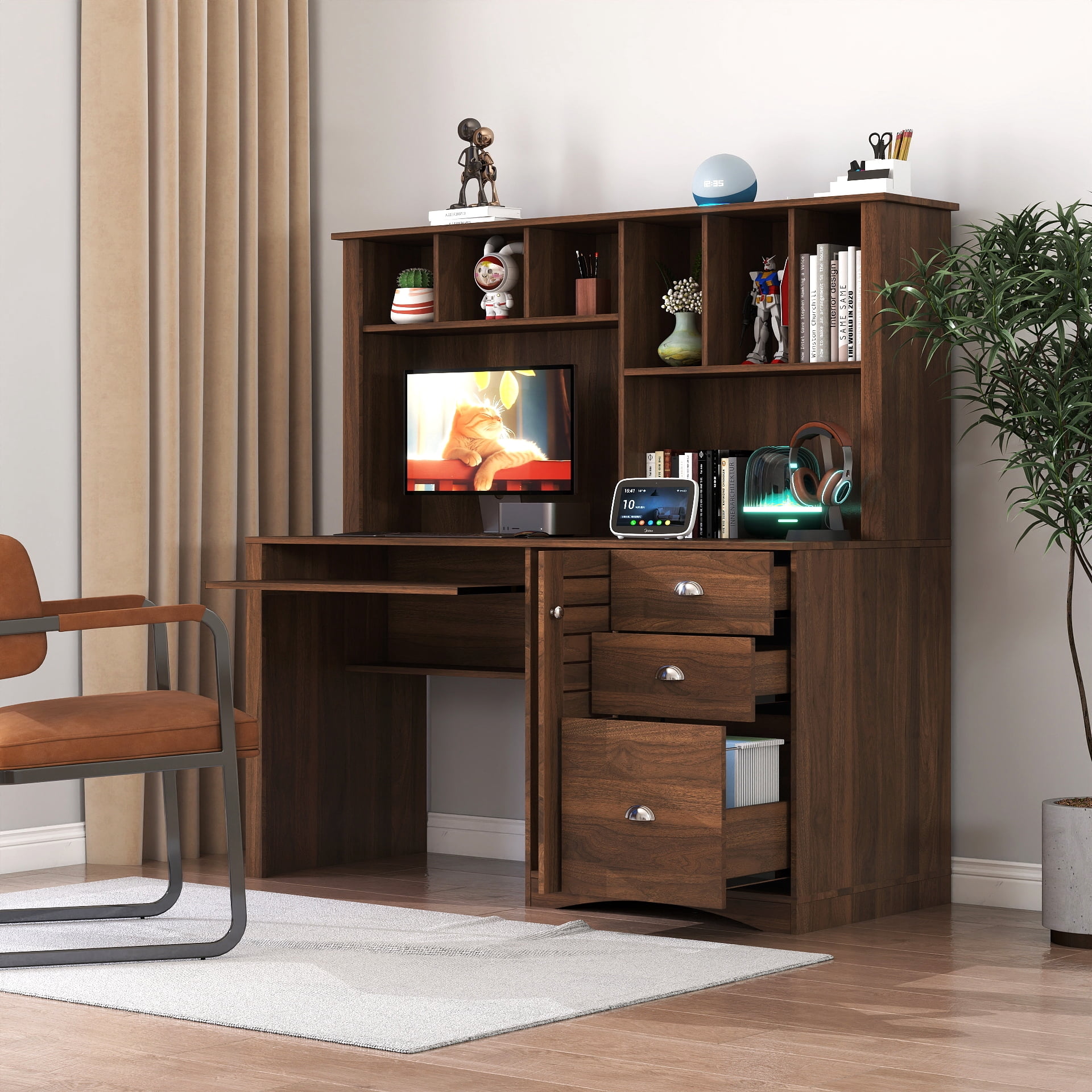 GAKMCIL 59.06"(L) Computer Desk with 2-tier open Hutch, 3 large drawer & Keyboard Tray, Home Office Desk, Executive Desk, Large Writing Desk, Space-Saving Design for Study or Bedroom Workspace,Walnut