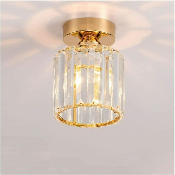 Semi Flush Mount Ceiling Light Fixture with Crystal Accents - Gold Metal Cage Close to Ceiling Lighting Featuring E26 Base for Kitchen Bedroom Hallway Bathroom Entryway