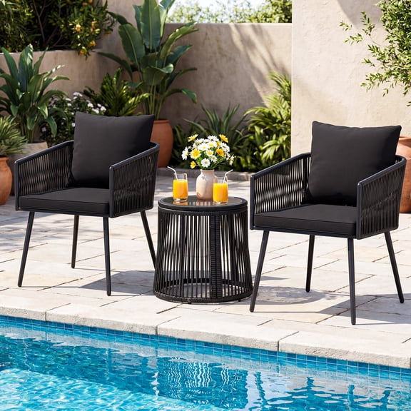 Gymax 3PCS Outdoor Furniture Set Patio Wicker Chairs & Round Side Table Set w/Cushions