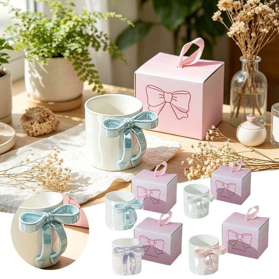 Pink Bow Coffee Mug 12oz Ceramic Cup with Bow Handle Coquette Style Microwave Dishwasher Safe Porcelain Tea Mug for Women Mom Girlfriend Valentine Mother's Day