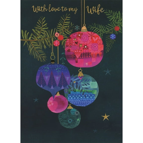 RSVP Colorful Patterned Ornaments and Stars on Dark Background Christmas Card for Wife