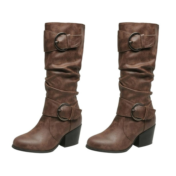 sweethay 1 par de botas de tacón alto de cuero PU para mujer, elegante Color sólido, repuesto antiguo, calzado para invierno y otoño para niñas Calzado Marron oscuro talla 39 sweethay AP012983-06