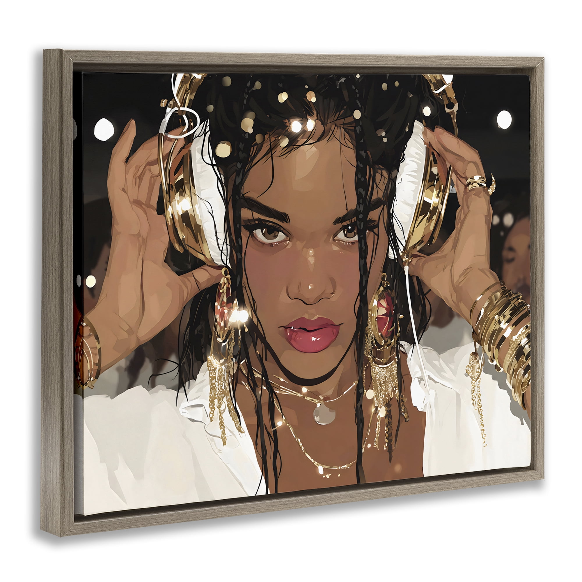 Stupell Industries Gold Headphones Glam Female Brown Framed Floater Canvas Wall Art, design by Franklyn Gregory