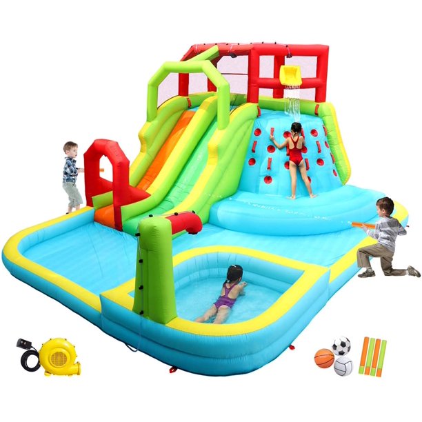 Inflatable Water Slide Park With Splash Pool Climb The Wall 3 Inflatable Sport Balls And 4 Water Guns Water Slide With Air Blower Walmart Com