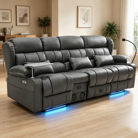 4-Seater Power Recliner Sofa with Dual Consoles, Massage & Heat, LED Theater Seating with Bluetooth Speaker, USB Charging, Cup Holders, 360°Tray Table & Phone Holder, Faux Leather