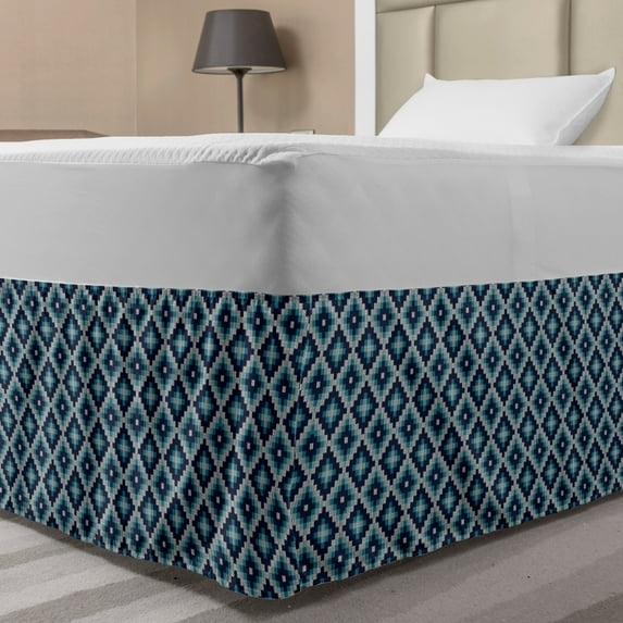 Nordic Bed Skirt, Fair Isle Style Pattern Traditional and Christmas Theme, Elastic Bedskirt Dust Ruffle Wrap Around for Bedding Decor, 4 Sizes, Pale Blue Navy Blue, by Ambesonne
