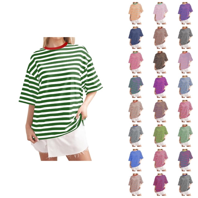 T-shirt Rayé pour Femmes 2026 Été Tendance Manches Courtes Col Rond Confortable Léger