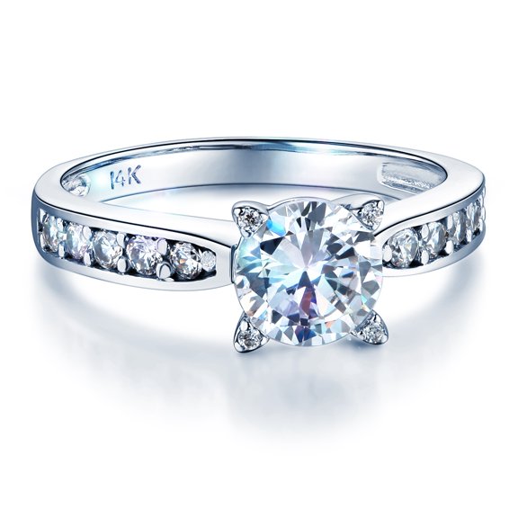 Wellingsale Ladies Solid 14k White Gold Polished CZ Cubic Zirconia Round Cut Engagement Ring with Side Stones - Size 4