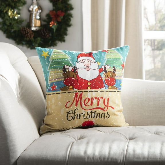 SAFAVIEH Lux Santa Claus Merry Christmas 18" x 18" Holiday Pillow, Blue/Red