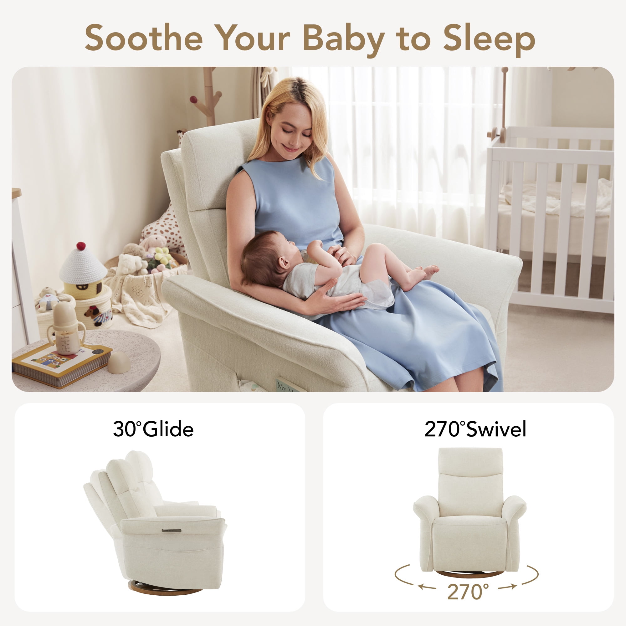 Spruce & Spring Triple Motor Power Swivel Recliner for Mothers, Cream-Chenille