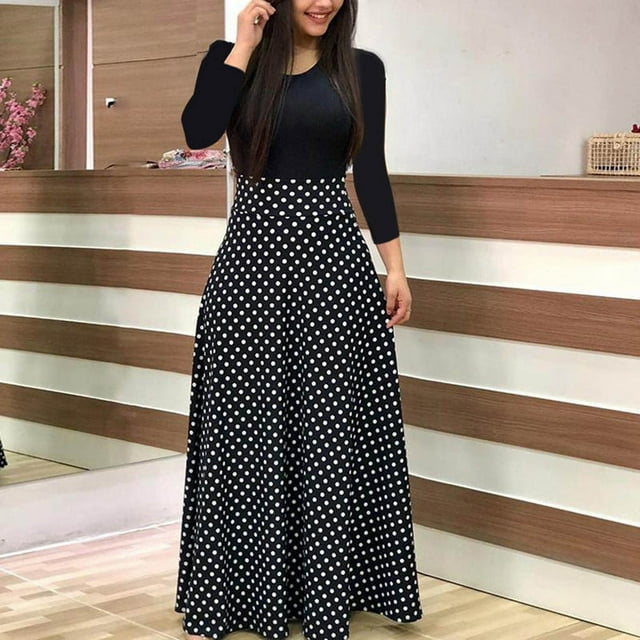 Mikilon Robe d'Été Femme Manches Longues Imprimé Floral Décontracté Col Rond Patchwork Robe Maxi