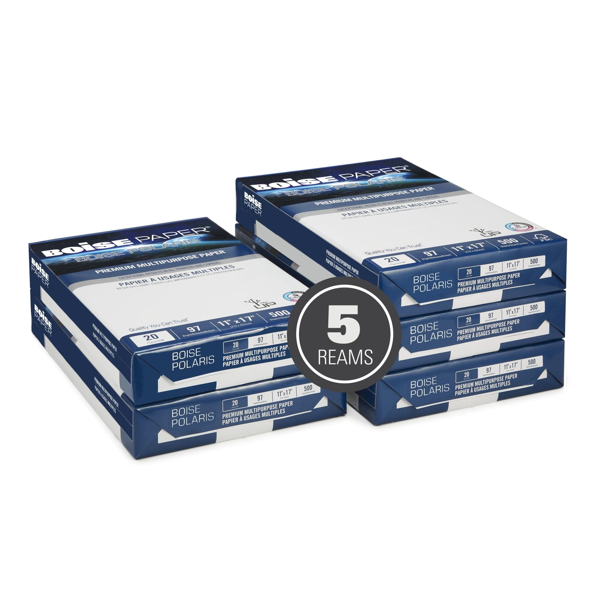 BOISE POLARIS Premium Multipurpose Copy Paper, 11" x 17" Ledger, 97 Bright White, 20 lb., 5 Ream Carton (2,500 Sheets)