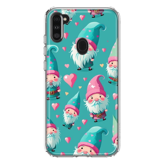 MUNDAZE Samsung Galaxy A11 Shockproof Clear Hybrid Protective Phone Case Turquoise Pink Hearts Gnomes Cover