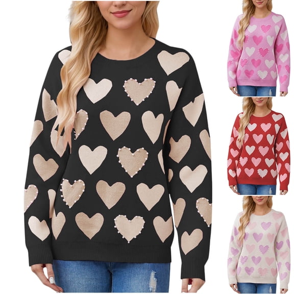 Bixock Women Fall and Winter Top,Women Sweater,Women's Fashion Round Neck Long Sleeved Hand Beaded Heart Pullover Knitted Sweater