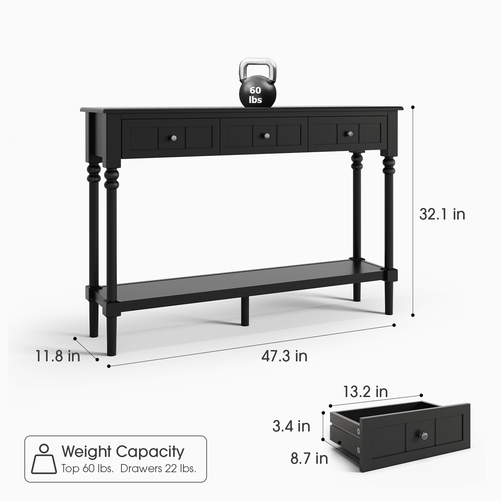JOINICE Console Tables with Drawers,43" Entryway Table with Shelf and Solid Wood Legs,Narrow Long Sofa Table with Storage, Wood Foyer Tables for Entryway,Living Room,Hallway,Black