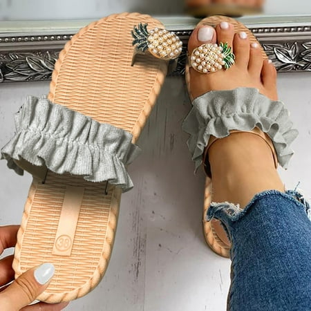 

uikmnh Slippers for Women Spring And Summer Women Slippers Pineapple Open Toe Round Toe Flat Bottom Beige 8.5